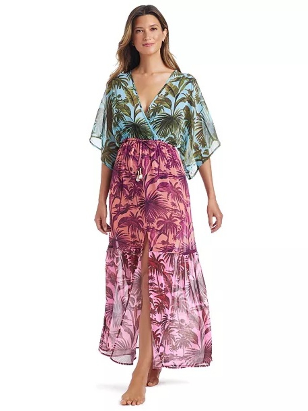 Bleu Rod Beattie Palm-Print Ombre Maxi Swim Cover-Up — Blue & Pink